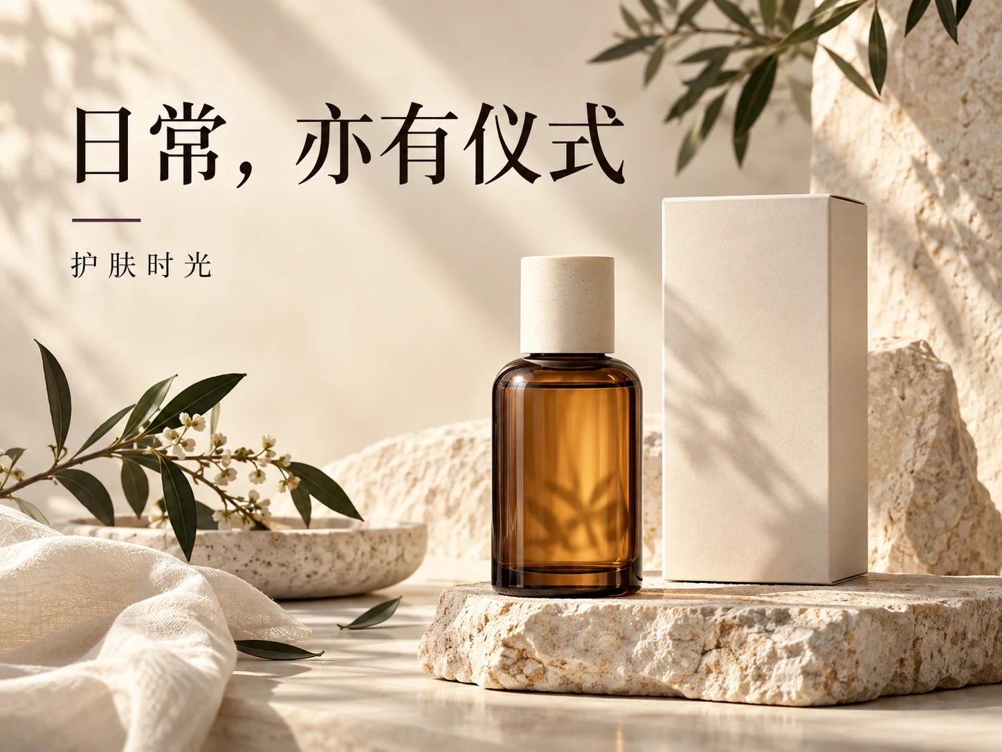 琥珀护肤瓶与日常亦有仪式主题排版组成的营销海报
