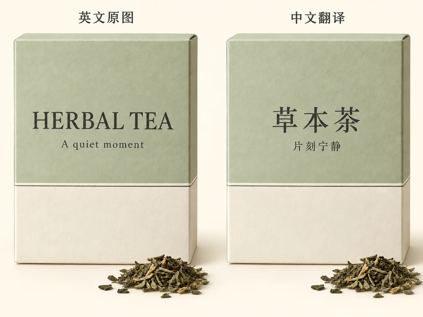 相同茶叶包装由HERBAL TEA翻译为草本茶、保持包装和排版的对照